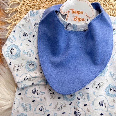 Conj. Body Manga Longa, Calça e Babador Bandana Bichinhos - Azul Bic